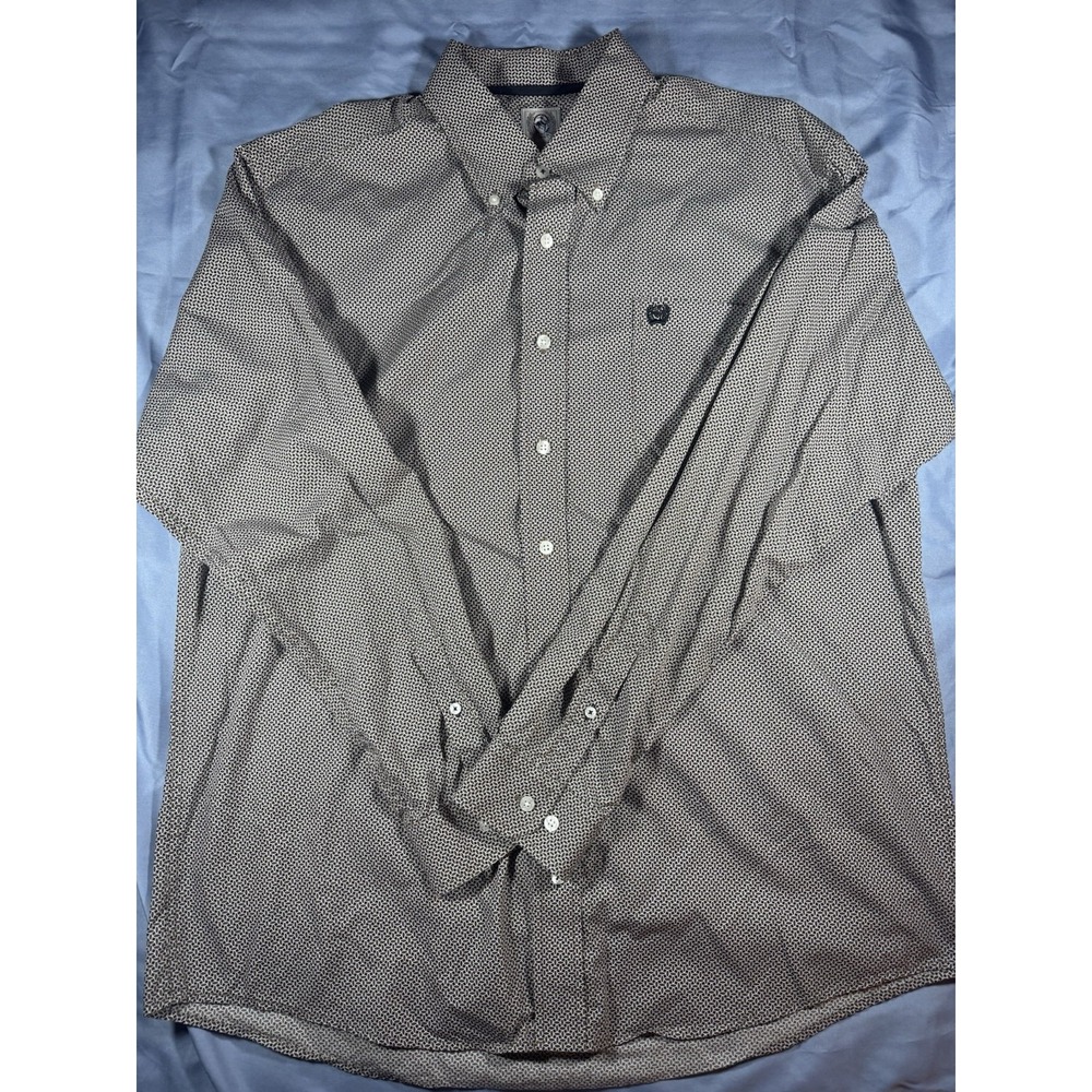 Cinch Men's Brown & Black Geometric Pattern Long Sleeve Button Up Shirt Size M